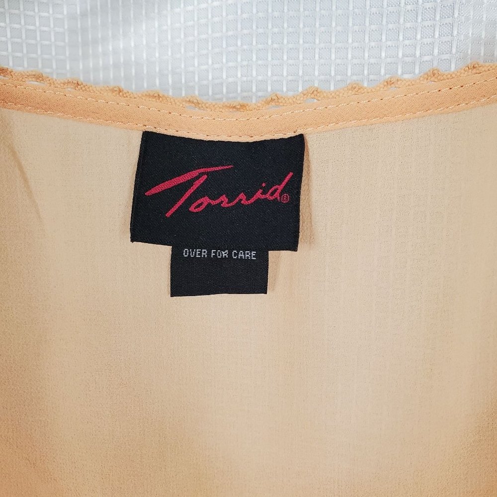 Torrid Size 2 2X Shirt Blouse Semi Sheer Lace Accent Chiffon Flutter Orange - Picture 9 of 10